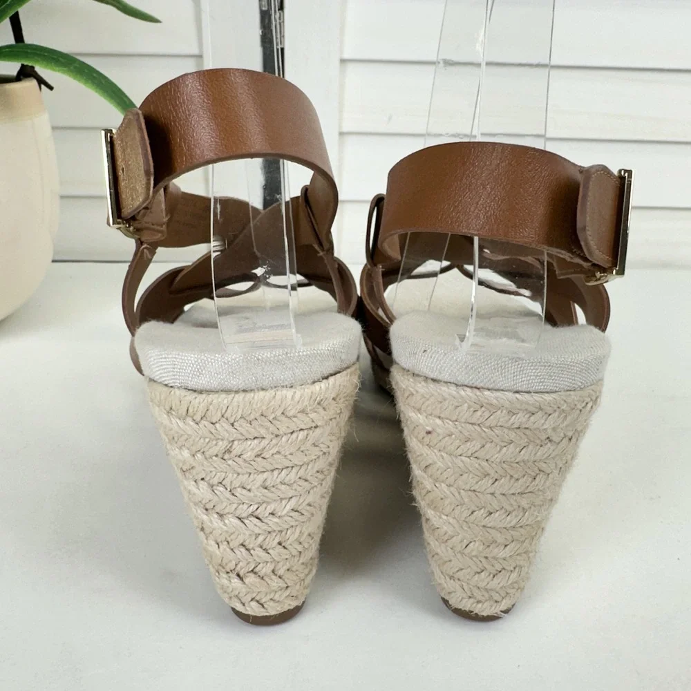 Cole Haan Crystal Wedge Sandal Tan Faux Leather Strappy‎ Espadrille Shoe Size 9B